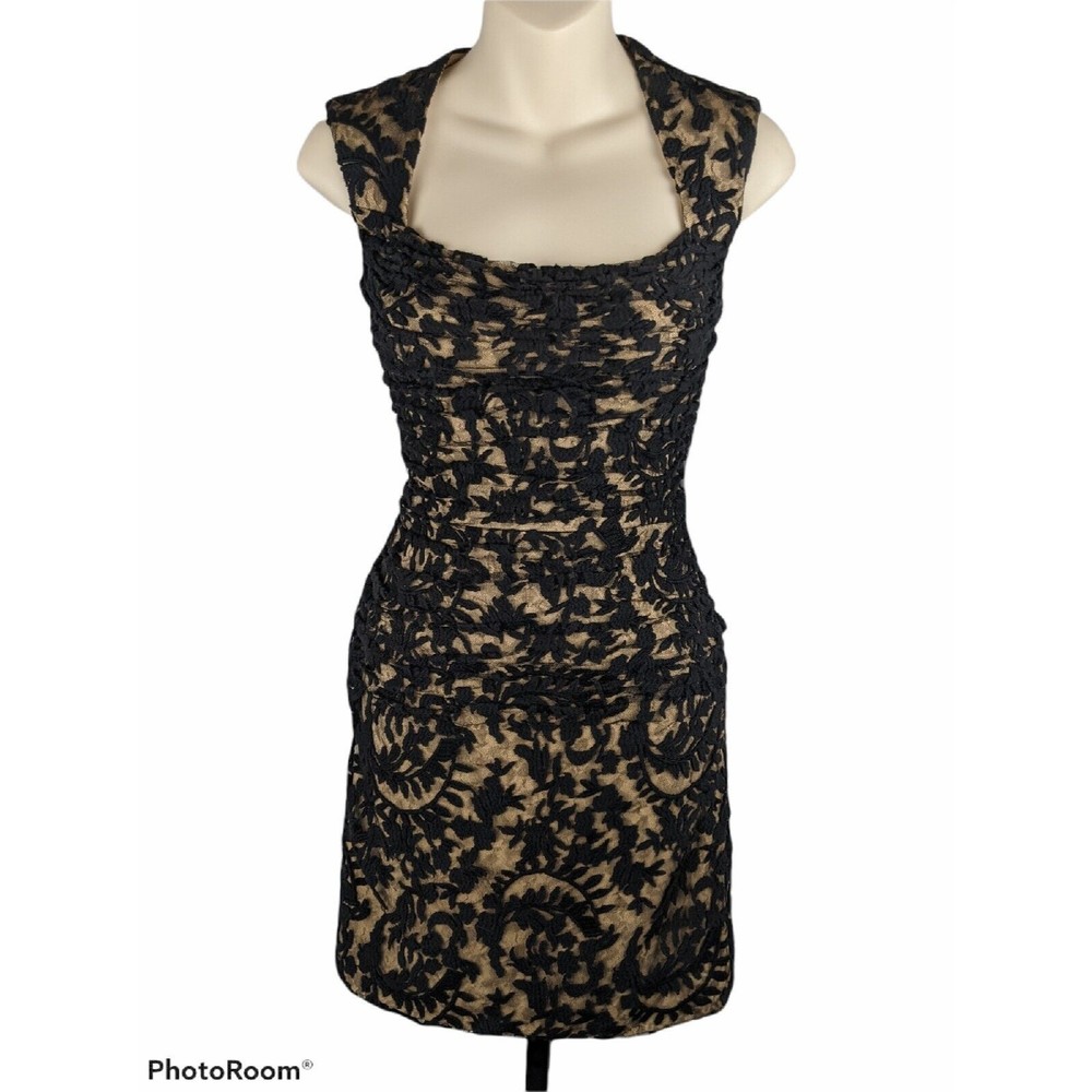 Tadashi Shoji Black Tan Lace Overlay Dress Romantic Square Neckline Sexy S 4